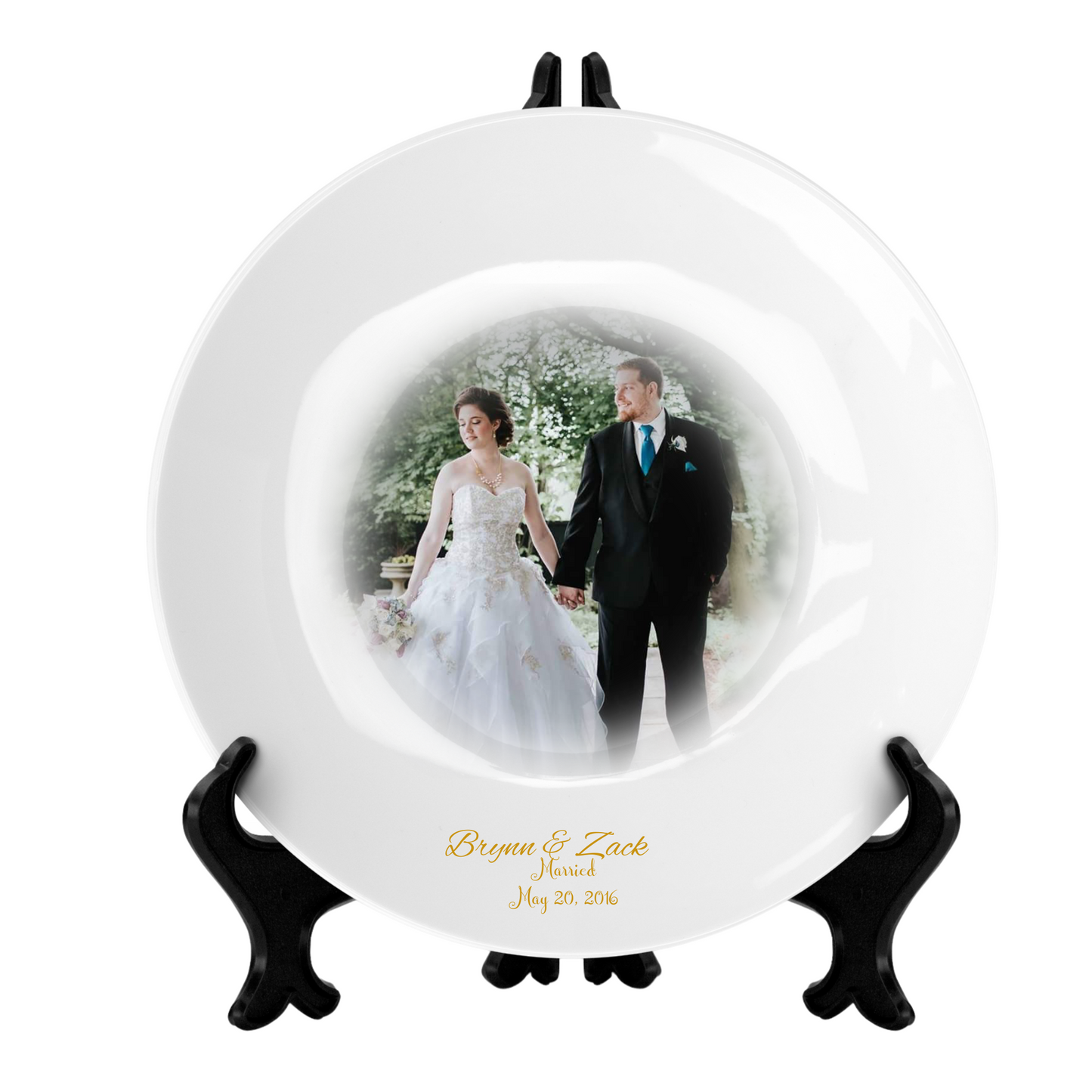 Personalized White Ceramic Plate with 18k Gold Trim - Perfect for Weddings, Anniversaries, Birth Announcements, or Graduations