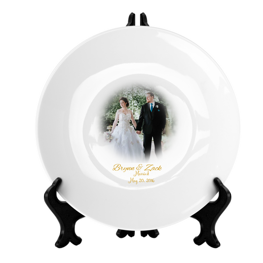 Personalized White Ceramic Plate with 18k Gold Trim - Perfect for Weddings, Anniversaries, Birth Announcements, or Graduations