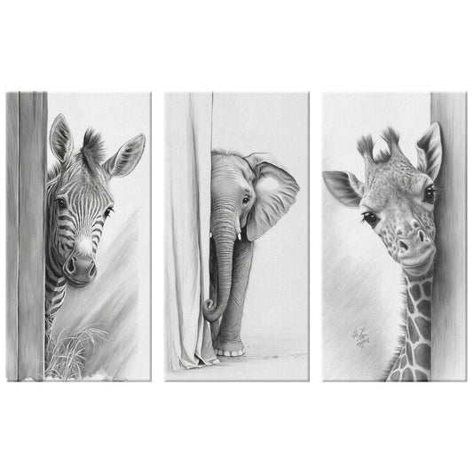 Safari Nursery Sketch Prints - Set of 3 | On Canvas |Safari Nursery Decor